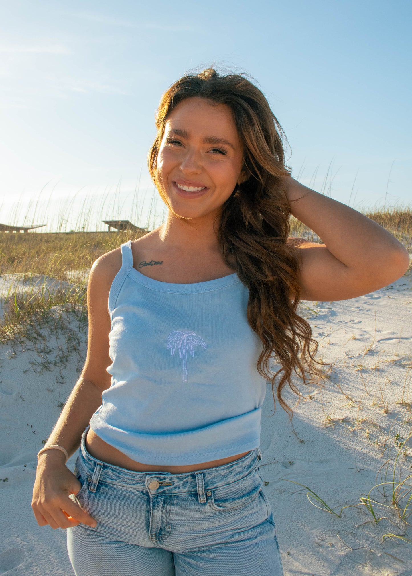 Palm Tree Embroidered Micro-Rib Tank Top