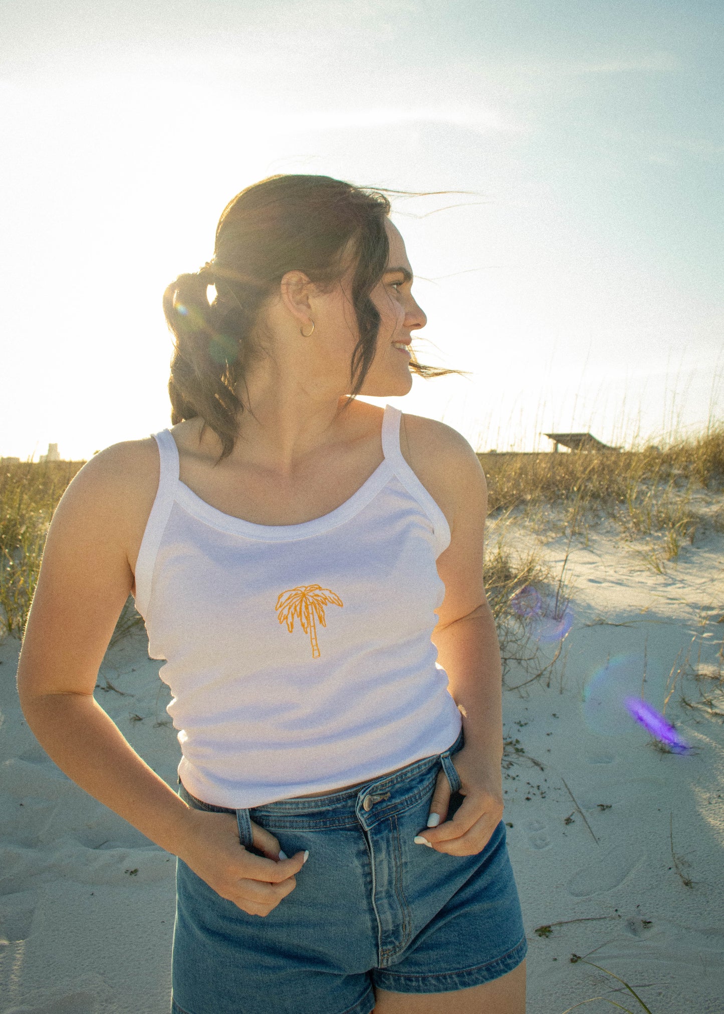 Palm Tree Embroidered Micro-Rib Tank Top
