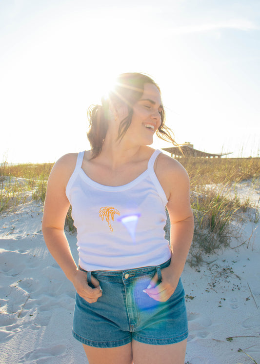 Palm Tree Embroidered Micro-Rib Tank Top
