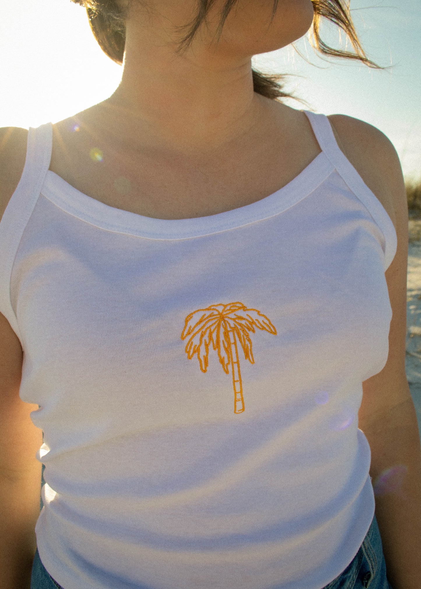 Palm Tree Embroidered Micro-Rib Tank Top