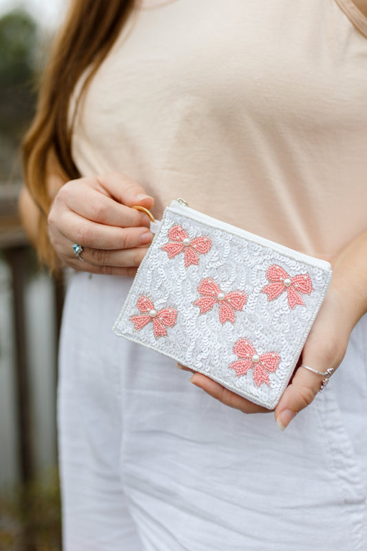 Pink Bridal Bow | Seed Bead Canvas Pouch