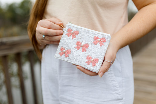 Pink Bridal Bow | Seed Bead Canvas Pouch