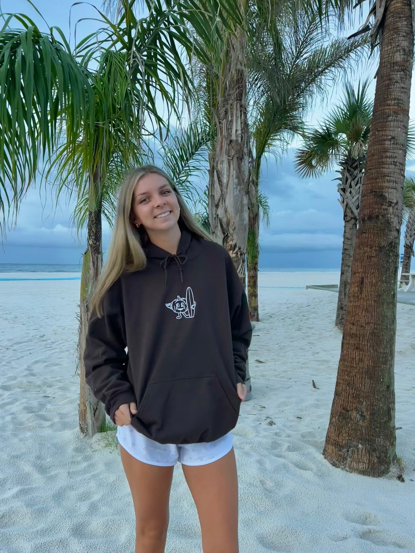 Pumpkin Surfer Embroidered Hoodie | Dark Brown Unisex Hoodie With String