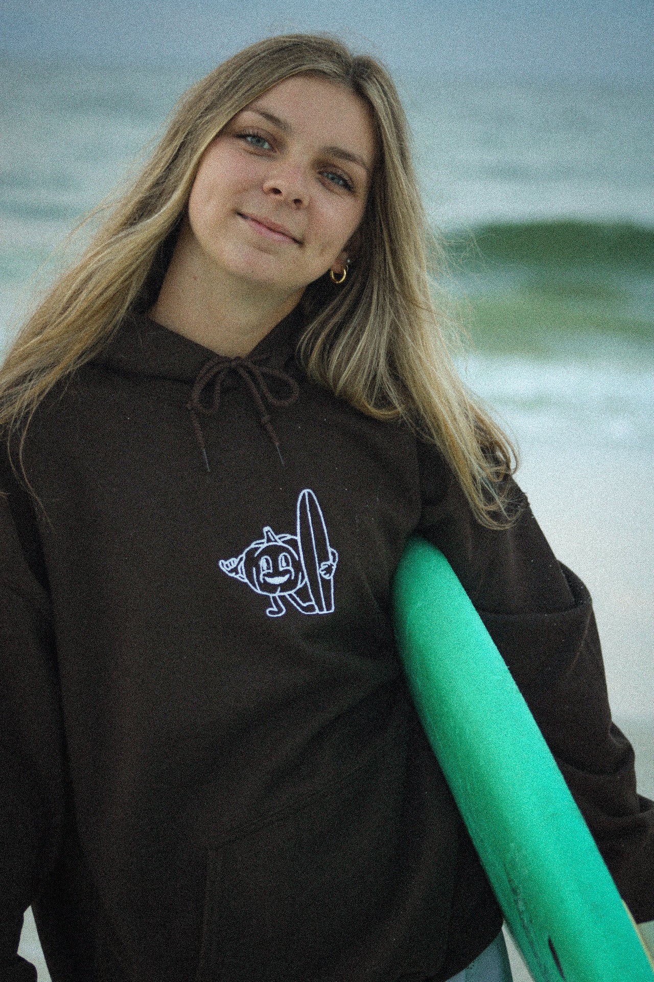 Pumpkin Surfer Embroidered Hoodie | Dark Brown Unisex Hoodie With String